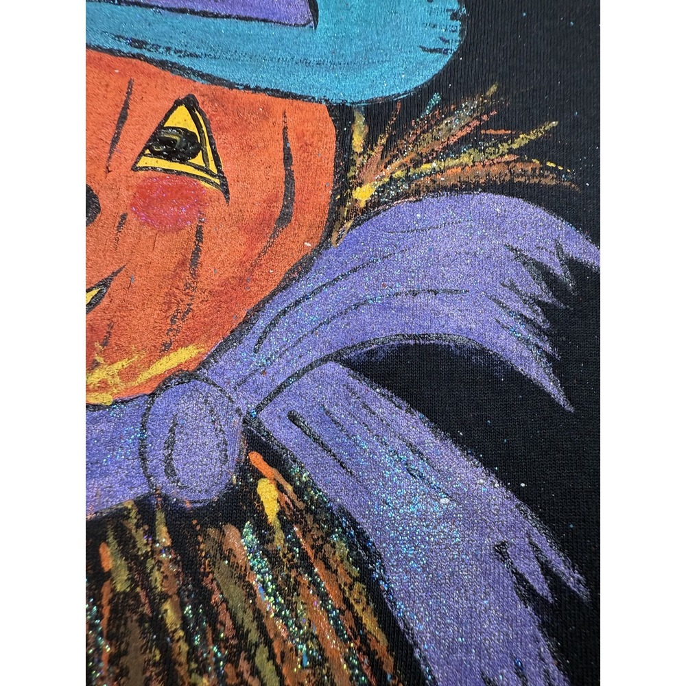 Vintage Pumpkin Scarecrow Shirt Mens XL Black Glitter Halloween Art 90s USA Tee - Picture 13 of 16